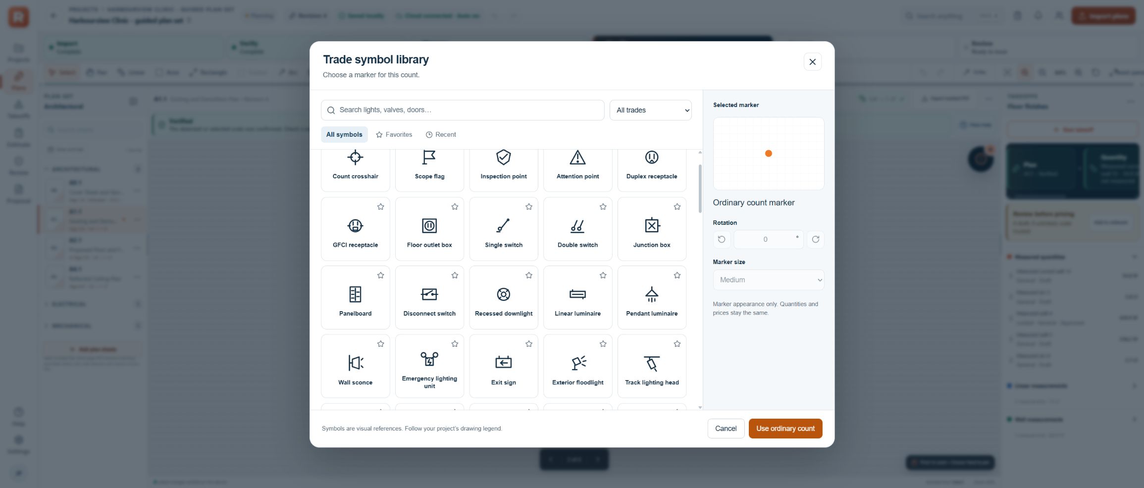 Rivet 1.9.5 web trade symbol library with electrical, lighting, and general count markers