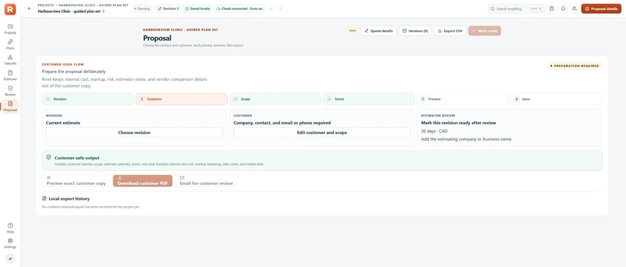 Actual Rivet Estimator Proposal workspace showing customer issue preparation and privacy review
